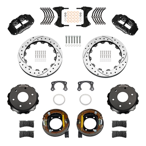 Wilwood Forged Narrow Superlite 4R Big Brake Rear Parking Brake Kit Parts Laid Out - Black Powder Coat Caliper - SRP Drilled & Slotted Rotor