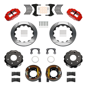 Wilwood Forged Narrow Superlite 4R Big Brake Rear Parking Brake Kit Parts Laid Out - Red Powder Coat Caliper - GT Slotted Rotor