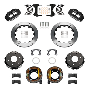 Wilwood Forged Narrow Superlite 4R Big Brake Rear Parking Brake Kit Parts Laid Out - Black Powder Coat Caliper - GT Slotted Rotor