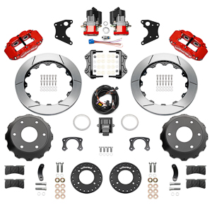 Wilwood Forged Narrow Superlite 4R Big Brake Rear Electronic Parking Brake Kit Parts Laid Out - Red Powder Coat Caliper - GT Slotted Rotor