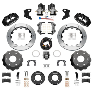 Wilwood Forged Narrow Superlite 4R Big Brake Rear Electronic Parking Brake Kit Parts Laid Out - Black Powder Coat Caliper - GT Slotted Rotor