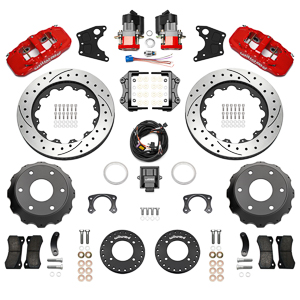 Wilwood AERO4 Big Brake Rear Electronic Parking Brake Kit Parts Laid Out - Red Powder Coat Caliper - SRP Drilled & Slotted Rotor