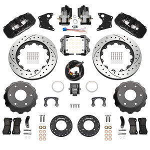 Wilwood AERO4 Big Brake Rear Electronic Parking Brake Kit Parts Laid Out - Black Powder Coat Caliper - SRP Drilled & Slotted Rotor