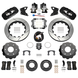 Wilwood AERO4 Big Brake Rear Electronic Parking Brake Kit Parts Laid Out - Black Powder Coat Caliper - GT Slotted Rotor