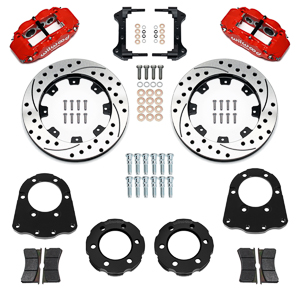 Wilwood Forged Narrow Superlite 6R Big Brake Front Brake Kit (Hat) Parts Laid Out - Red Powder Coat Caliper - SRP Drilled & Slotted Rotor