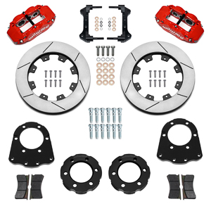 Wilwood Forged Narrow Superlite 6R Big Brake Front Brake Kit (Hat) Parts Laid Out - Red Powder Coat Caliper