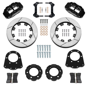 Wilwood Forged Narrow Superlite 6R Big Brake Front Brake Kit (Hat) Parts Laid Out - Black Powder Coat Caliper