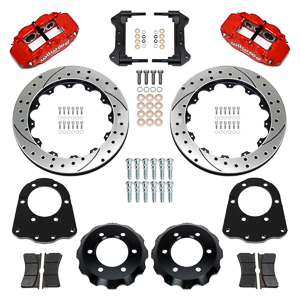 Wilwood Forged Narrow Superlite 6R Big Brake Front Brake Kit (Hat) Parts Laid Out - Red Powder Coat Caliper - SRP Drilled & Slotted Rotor