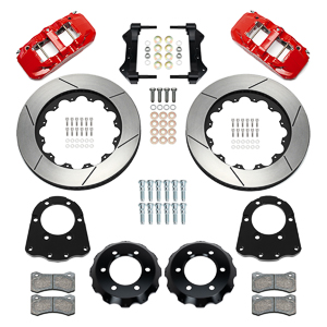 Wilwood AERO6 Big Brake Front Brake Kit Parts Laid Out - Red Powder Coat Caliper - GT Slotted Rotor