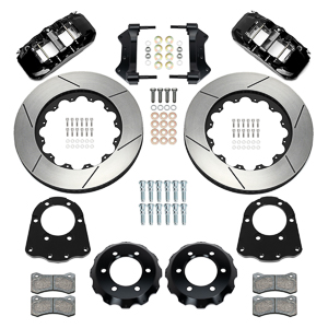 Wilwood AERO6 Big Brake Front Brake Kit Parts Laid Out - Black Powder Coat Caliper - GT Slotted Rotor