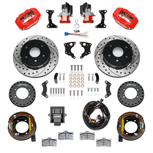 Wilwood Forged Dynalite Rear Electronic Parking Brake Kit Parts Laid Out - Red Powder Coat Caliper - SRP Drilled & Slotted Rotor