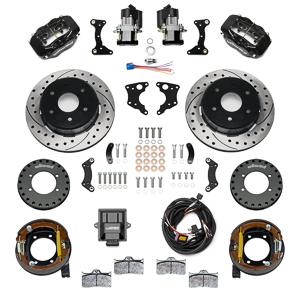 Wilwood Forged Dynalite Rear Electronic Parking Brake Kit Parts Laid Out - Black Powder Coat Caliper - SRP Drilled & Slotted Rotor