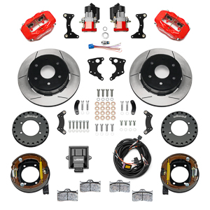 Wilwood Forged Dynalite Rear Electronic Parking Brake Kit Parts Laid Out - Red Powder Coat Caliper