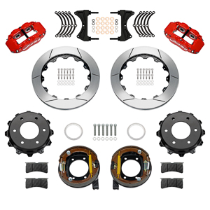 Wilwood Forged Narrow Superlite 4R Big Brake Rear Parking Brake Kit Parts Laid Out - Red Powder Coat Caliper - GT Slotted Rotor