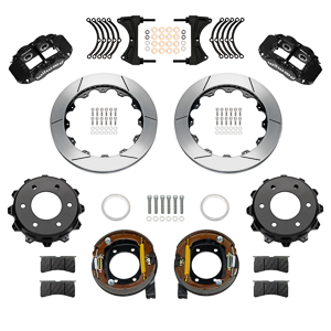 Wilwood Forged Narrow Superlite 4R Big Brake Rear Parking Brake Kit Parts Laid Out - Black Powder Coat Caliper - GT Slotted Rotor