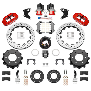 Wilwood Forged Narrow Superlite 4R Big Brake Rear Electronic Parking Brake Kit Parts Laid Out - Red Powder Coat Caliper - SRP Drilled & Slotted Rotor