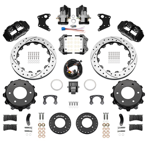 Wilwood Forged Narrow Superlite 4R Big Brake Rear Electronic Parking Brake Kit Parts Laid Out - Black Powder Coat Caliper - SRP Drilled & Slotted Rotor