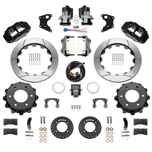 Wilwood Forged Narrow Superlite 4R Big Brake Rear Electronic Parking Brake Kit Parts Laid Out - Black Powder Coat Caliper - GT Slotted Rotor