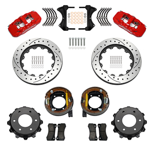 Wilwood AERO4 Big Brake Rear Parking Brake Kit Parts Laid Out - Red Powder Coat Caliper - SRP Drilled & Slotted Rotor