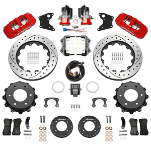 Wilwood AERO4 Big Brake Rear Electronic Parking Brake Kit Parts Laid Out - Red Powder Coat Caliper - SRP Drilled & Slotted Rotor