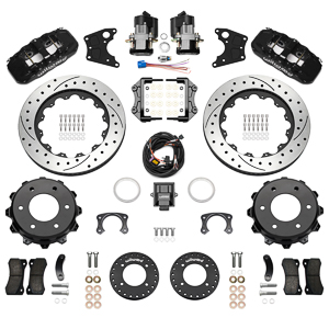 Wilwood AERO4 Big Brake Rear Electronic Parking Brake Kit Parts Laid Out - Black Powder Coat Caliper - SRP Drilled & Slotted Rotor