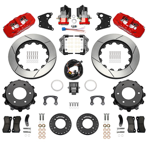 Wilwood AERO4 Big Brake Rear Electronic Parking Brake Kit Parts Laid Out - Red Powder Coat Caliper - GT Slotted Rotor