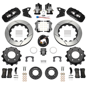 Wilwood AERO4 Big Brake Rear Electronic Parking Brake Kit Parts Laid Out - Black Powder Coat Caliper - GT Slotted Rotor