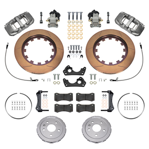 Wilwood AERO4 Big Brake Rear Lug Drive  Electronic Parking Brake Kit (Race) Parts Laid Out - GT Slotted Rotor