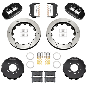 Wilwood Forged Narrow Superlite 6R Big Brake Front Brake Kit (Hat) Parts Laid Out - Black Powder Coat Caliper - GT Slotted Rotor