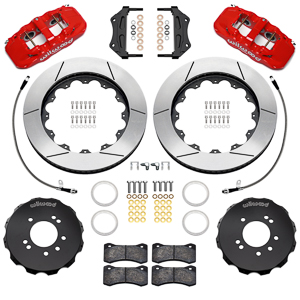 Wilwood AERO6 Big Brake Front Brake Kit Parts Laid Out - Red Powder Coat Caliper - GT Slotted Rotor
