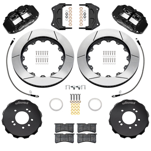 Wilwood Forged Narrow Superlite 6R Big Brake Front Brake Kit (Hat) Parts Laid Out - Black Powder Coat Caliper - GT Slotted Rotor