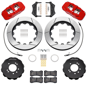 Wilwood AERO6 Big Brake Front Brake Kit Parts Laid Out - Red Powder Coat Caliper - GT Slotted Rotor