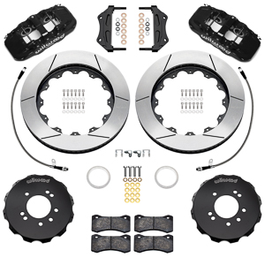 Wilwood AERO6 Big Brake Front Brake Kit Parts Laid Out - Black Powder Coat Caliper - GT Slotted Rotor