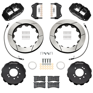 Wilwood Forged Narrow Superlite 6R Big Brake Front Brake Kit (Hat) Parts Laid Out - Black Powder Coat Caliper - GT Slotted Rotor