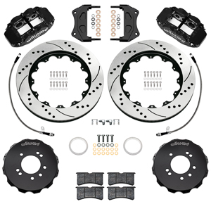 Wilwood Forged Narrow Superlite 6R Big Brake Front Brake Kit (Hat) Parts Laid Out - Black Powder Coat Caliper - SRP Drilled & Slotted Rotor