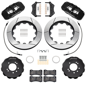 Wilwood AERO6 Big Brake Front Brake Kit Parts Laid Out - Black Powder Coat Caliper - GT Slotted Rotor