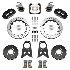 Wilwood Forged Narrow Superlite 4R-MC4 Big Brake Rear Parking Brake Kit Parts Laid Out - Black Powder Coat Caliper - SRP Drilled & Slotted Rotor