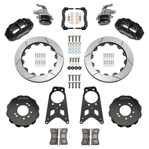 Wilwood Forged Narrow Superlite 4R-MC4 Big Brake Rear Parking Brake Kit Parts Laid Out - Black Powder Coat Caliper - GT Slotted Rotor