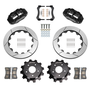 Wilwood Forged Narrow Superlite 4R Big Brake Rear Brake Kit For OE Parking Brake Parts Laid Out - Black Powder Coat Caliper - GT Slotted Rotor