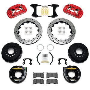 Wilwood Forged XRS4R Big Brake Rear Parking Brake Kit Parts Laid Out - Red Powder Coat Caliper - SRP Drilled & Slotted Rotor