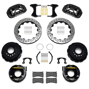 Wilwood Forged XRS4R Big Brake Rear Parking Brake Kit Parts Laid Out - Black Powder Coat Caliper - SRP Drilled & Slotted Rotor