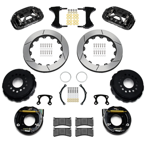 Wilwood Forged XRS4R Big Brake Rear Parking Brake Kit Parts Laid Out - Black Powder Coat Caliper - GT Slotted Rotor