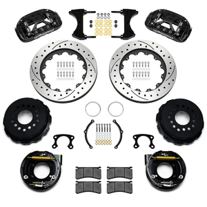 Wilwood Forged XRS4R Big Brake Rear Parking Brake Kit Parts Laid Out - Black Powder Coat Caliper - SRP Drilled & Slotted Rotor