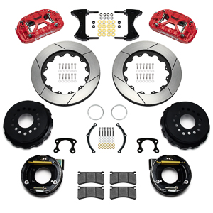 Wilwood Forged XRS4R Big Brake Rear Parking Brake Kit Parts Laid Out - Red Powder Coat Caliper - GT Slotted Rotor