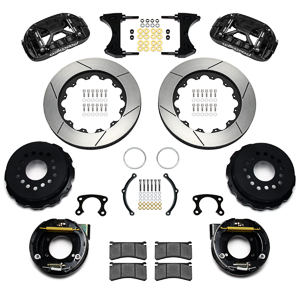 Wilwood Forged XRS4R Big Brake Rear Parking Brake Kit Parts Laid Out - Black Powder Coat Caliper - GT Slotted Rotor