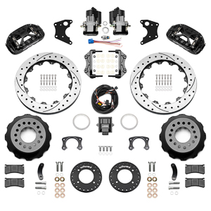 Wilwood Forged XRS4R Big Brake Rear Electronic Parking Brake Kit Parts Laid Out - Black Powder Coat Caliper - SRP Drilled & Slotted Rotor