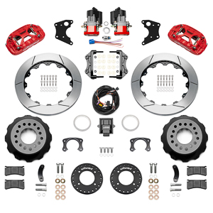 Wilwood Forged XRS4R Big Brake Rear Electronic Parking Brake Kit Parts Laid Out - Red Powder Coat Caliper - GT Slotted Rotor