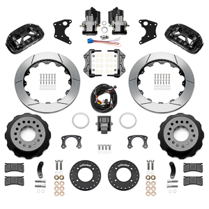Wilwood Forged XRS4R Big Brake Rear Electronic Parking Brake Kit Parts Laid Out - Black Powder Coat Caliper - GT Slotted Rotor