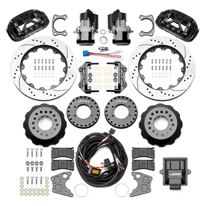Wilwood Forged XRS4R Big Brake Rear Electronic Parking Brake Kit Parts Laid Out - Black Powder Coat Caliper - SRP Drilled & Slotted Rotor
