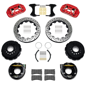 Wilwood Forged XRS4R Big Brake Rear Parking Brake Kit Parts Laid Out - Red Powder Coat Caliper - SRP Drilled & Slotted Rotor